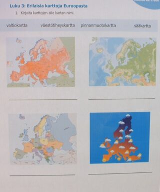 Tehtävämoniste Euroopan erilaisista kartoista.
