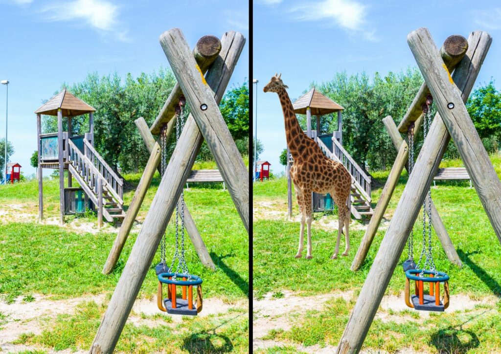 Kaksi kuvaa: ensimmäisessä kuvassa on leikkipuisto ja toisessa kuvassa leikkipuiston kuvaa on muokattu lisäämällä sinne kirahvin kuva.