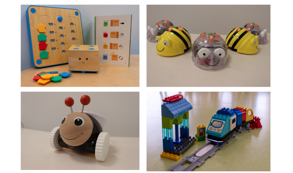 Neljän kuvan sarja, joissa on esiteltynä varhaiskasvatuksessa käytettäviä robotteja.