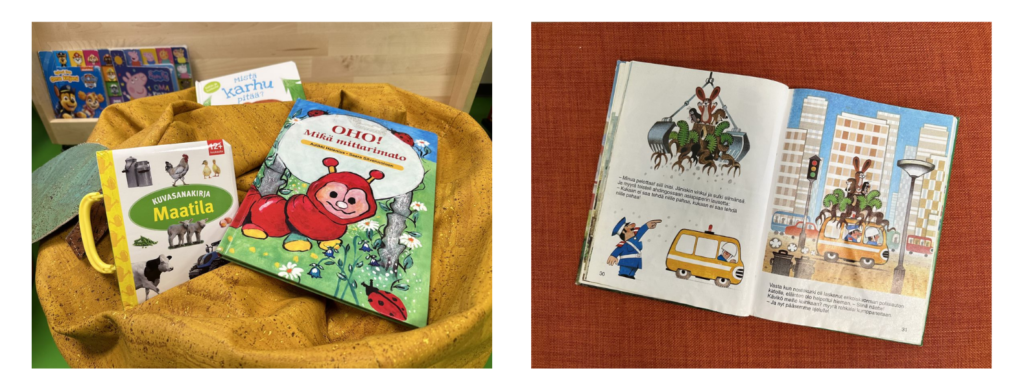 Kaksi valokuvaa, joissa on erilaisia lasten kirjoja.