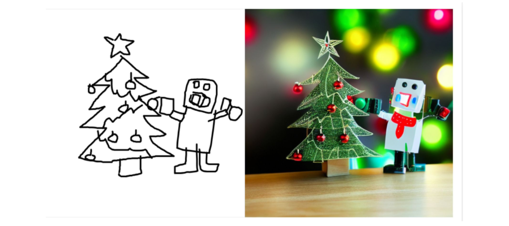 Scribble diffusionilla tehty joulukortti, jossa robotti koristelee joulukuusta.