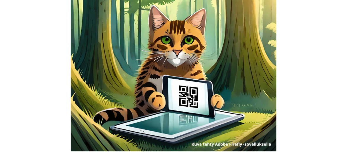 Adobe Firefly -sovelluksen avulla luotu kuva kissasta metsässä lukemassa QR-koodia tabletilla.