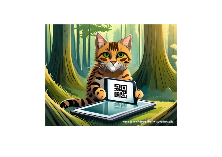 Adobe Firefly -sovelluksen avulla luotu kuva kissasta metsässä lukemassa QR-koodia tabletilla.