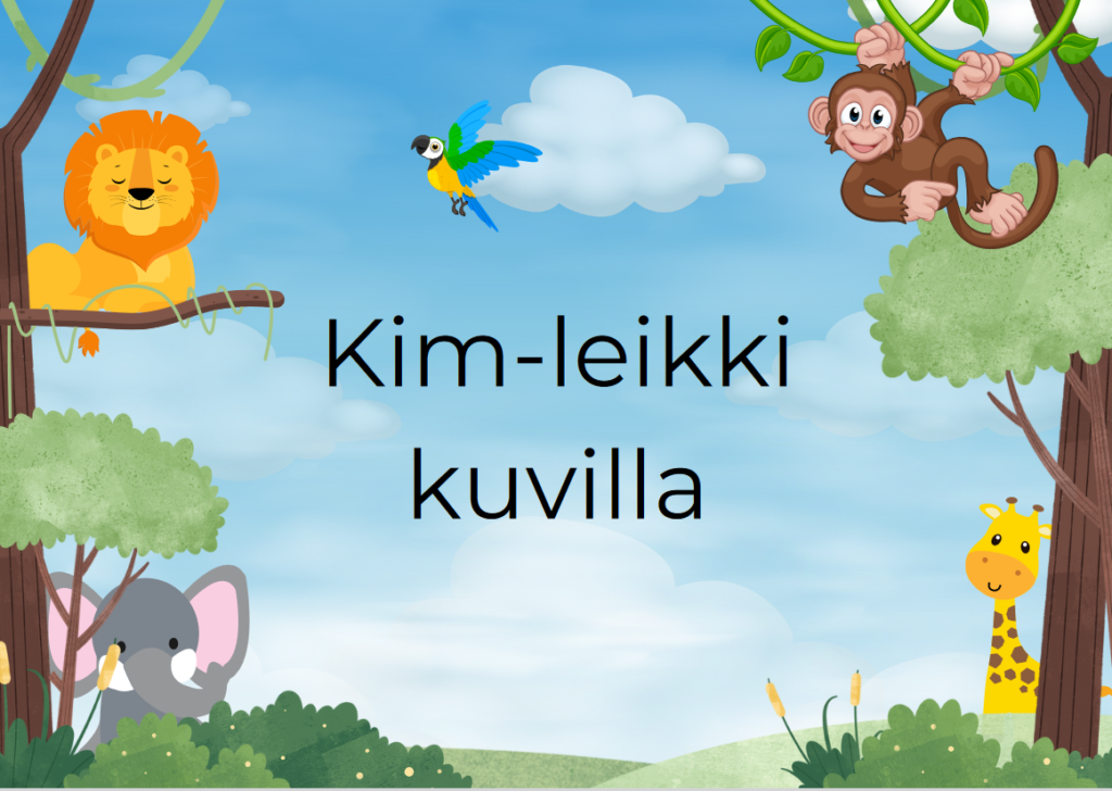 Kim-leikin kansikuva, jossa on viidakon eläimiä.