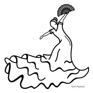 Flamenco tanssijalla on viuhka kädessä ja pitkähelmainen mekko.