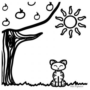 Iloinen kissa istuu omenapuun vieressä. Aurinko paistaa.