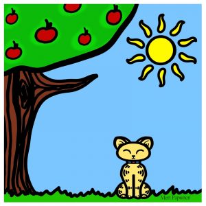 Iloinen kissa istuu omenapuun vieressä. Aurinko paistaa.