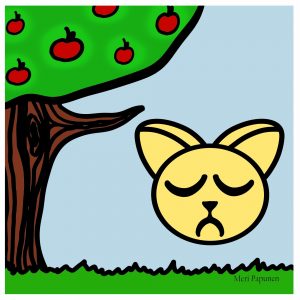 Surullinen kissa naama omenapuun vieressä.