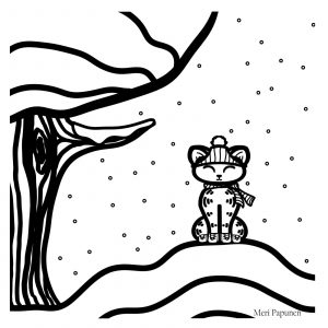Kissa istuu lumikasan päällä puun vieressä. Kissalla on pipo, kaulahuivi ja töppöset.