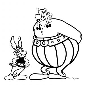 Asterix ja Obelix seisovat hymyilevinä vierekkäin.