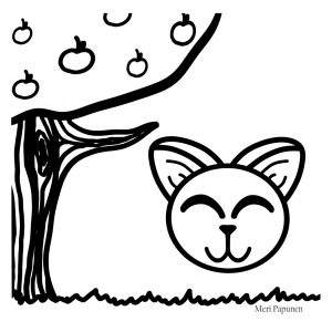 Hymyile kissa naama omenapuun vieressä.