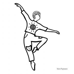 Tanssiva hahmo seisoo yhdellä jalalla kädet ojennettuina sivuille.