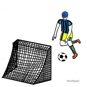 Jalkapalloilija kuljettaa palloa kohti maalia.