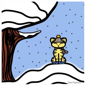 Kissa istuu lumikasan päällä puun vieressä. Kissalla on pipo, kaulahuivi ja töppöset.