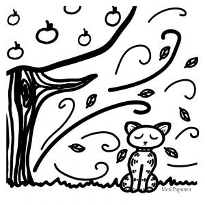 Kissa istuu omenapuun alla. Ilmassa lentelee lehtiä.