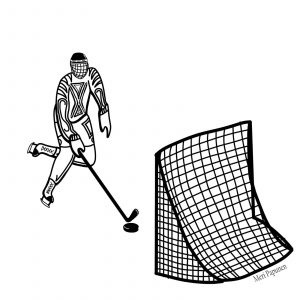 Jääkiekkoilija kuljettaa kiekko kohti maalia.